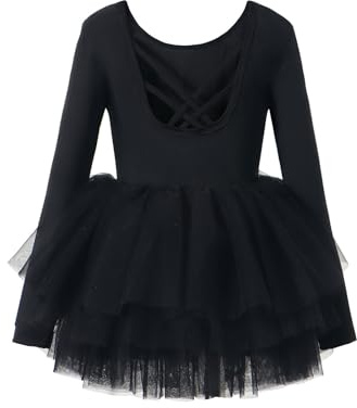 Elegante vestido de baile para niña con diseño de manga larga, falda tutú para entrenamiento de ballet y actuaciones escénicas como disfraz profesional de ballet, Negro , 3-4 años