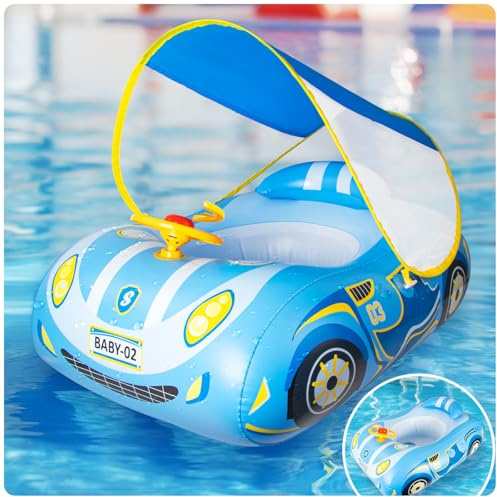 Oziral Salvagente Neonato con Parasole Spf 50+ con Tendalino Rimovibile Regolabile Sedile per Nuoto Piscina per Bambini Gonfiabile per Nuoto a Forma Aiuto per il Nuoto 18-48 Mesi Piscina Neonato Blu