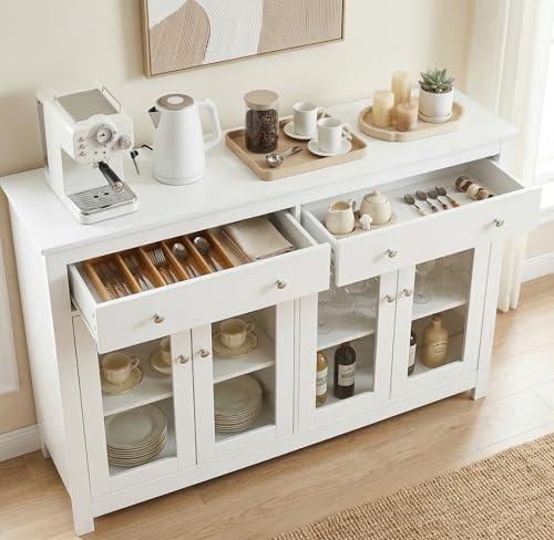 ZECIIYE Aparador, armario de cocina con encimera, mueble de cocina con 4 puertas de cristal, 2 cajones, estantes ajustables y juego antiinclinación, para cocina, salón, comedor, buffet de 140 x 90 x