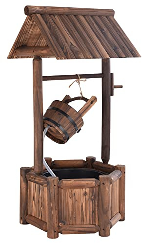 COSTWAY Trädgårdsfontän av trä, vattenfontän med elektrisk pump, rustik önskefontän, furu, dekorativ fontän för uteplats, trädgård, 58,5 x 51 x 117 cm, brun