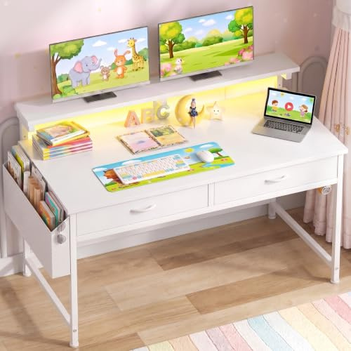 Klyvvo Escritorio con Luces LED y 2 Cajones, 120x50 cm Mesa Gaming con Soporte para Ganchoy Bolsa Lateral, Escritorio RGB con Gancho para Oficina en Casa, Oficina y Habitación Juvenil, Blanco