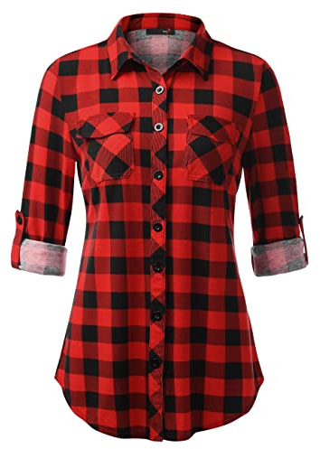 DJT Womens Soft Stretchy Knit Plaid Shirts Roll Up Long Sleeve Collared Button Down Blouses Tops Small Red Plaid
