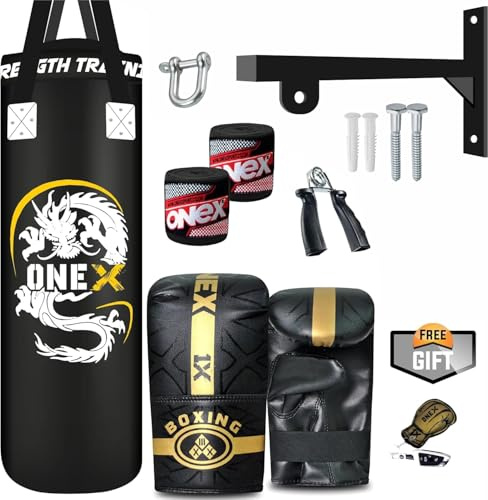 ONEX 3ft Punch Bag Set Heavy Filled Boxing Training Punching Gloves Fighting Hanging 13pcs Bracket set (Black)