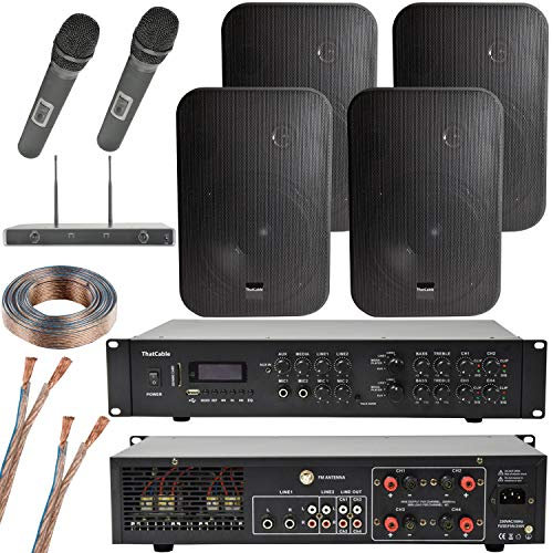 400W Stereo Bluetooth Karaoke / Public Address System | 2 Channel Mixer Amplifier Amp Kit | 4x 200W Black Wall Mounted Speakers | 2x UHF Wireless Microphones | Town / School Assembly Hall | Echo Alexa
