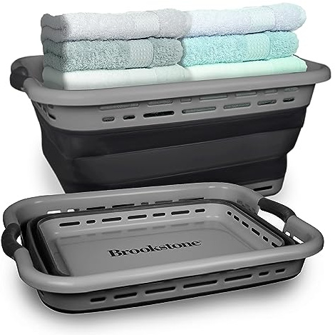 BROOKSTONE 11 GALLON XL 24 Collapsible Laundry Basket & Clothes Hamper, Comfort Non-Slip Handles, Modern Laundry Hamper with Space Saving Design, Portable Pop-Up Hamper, BPA FREE, Grey, 1 Pack