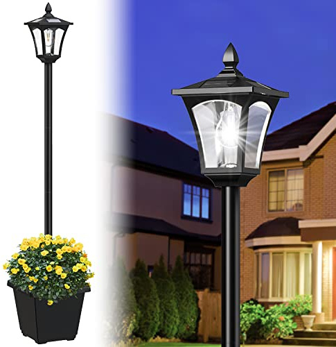 Lámpara solar de poste de 64 pulgadas con maceta, luz de calle de 60 lúmenes altos, luces solares impermeables para camino, jardín, entrada, césped, puerta trasera delantera, lámpara de poste exterior