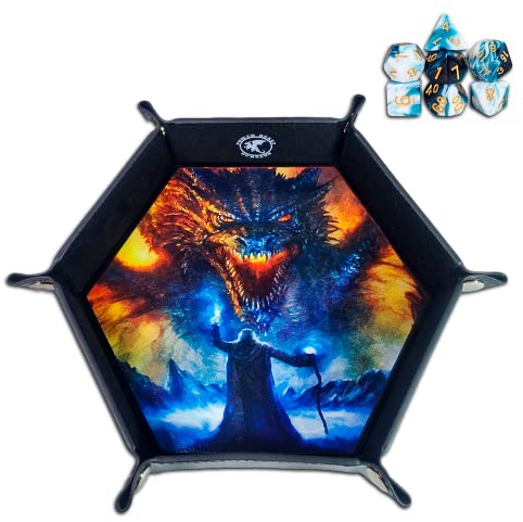 Power Beast Dungeon Würfelteller Zauberer und Drache, Würfelunterlage, Würfelschale, Würfelbrett, Würfelmatte, Kunstleder + 7 Rollenspiel Würfel, Mit Polyedrische Würfel Set, Dungeons and Dragons, D&D