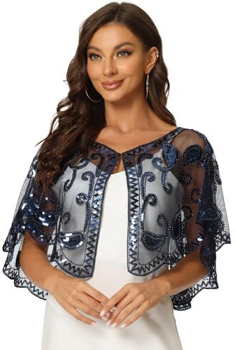 Allegra K Women's 1920s Shawl Wraps Sequin Beaded Bridal Cover Up Evening Cape Flapper Bolero Medium Navy Blue