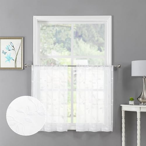 Tollpiz White Leaf Sheer Tier Curtain Leaves Embroidered Kitchen Curtains Rod Pocket Voile Bathroom Window Treatment for Cafe, 30 x 36 inches Long, Set of 2 Panels