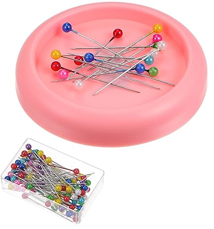 QUARKZMAN Magnetisches Nadelkissen Concave Form mit 100Stk Vielfarbig Plastik Kopf Stifte Magnetstifte Halter für Nähen Quilten Nadeln Stifte Haar Bobbystifte Rosa