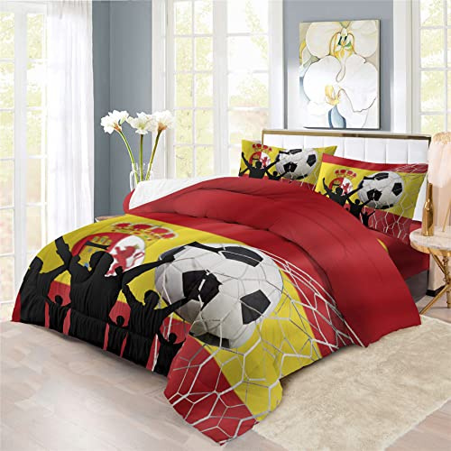 Juego de edredón con diseño de fútbol español | Juego de ropa de cama con estampados del equipo nacional de fútbol de España | con edredón suave+2 fundas para almohadas(3 piezas) o sábana (4 piezas