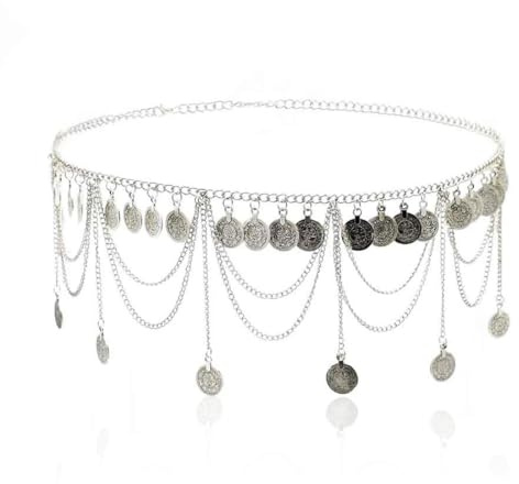 SCJJZ Körperketten,Böhmische Taillenkette, Quasten-Taillenzubehör für Frauen, Bauchtanz-Taillenzubehör (Silber)