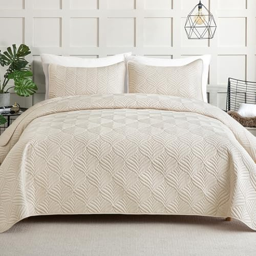 Whale Flotilla Moderne Tagesdecke 240x260 cm, Bettüberwurf mit 2 Kissenbezüge, Mikrofaser Bettdecke mit Prägemuster, Leichte und Weiche Bettwäsche für 4 Jahreszeiten, Beige