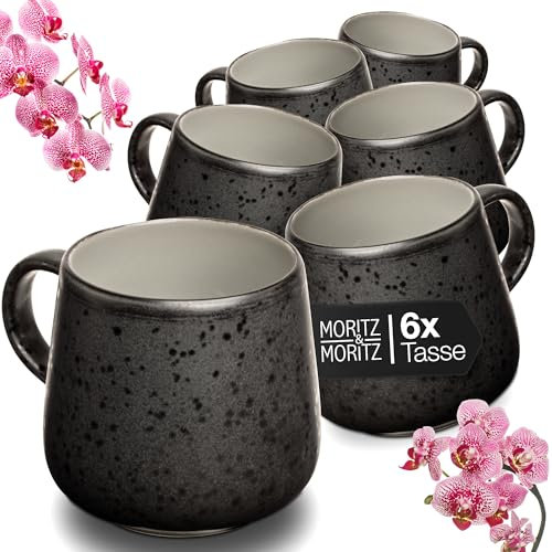 Moritz & Moritz SOLID UNI Juego de tazas para 6 personas, color crema, moderno juego de tazas de gres, aptas para microondas y lavavajillas, tazas con asa para café, té, chocolate caliente, capuchino