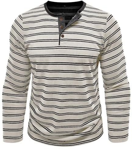 MakingDa Camisas Henley de manga larga para hombre, con rayas de contraste, con botones, cuello Henley, suéter camisa Grandad, ajuste regular, transpirable, duradero, suave, ligero, casual, clásico