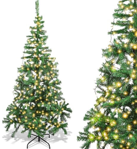 Aigostar Albero di Natale Artificiale da 180 CM,con Catena di Luci LED da 18 M,300 LED Bianco Caldo,8 Modalità di Illuminazione,450 Rami,Colore Verde,Include Supporto in Metallo.