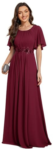 Ever-Pretty Robe de Soirée Femme Moussline Applique Col Rond Manches Courtes Cérémonie Bordeaux 46