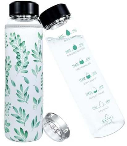 Trinkflasche Glas 1L mit Zeitmarkierung,1000ml Sport Trinkflasche Glas Wasserflasche mit Eukalyptus-Schutzhülle & Edelstahl Sieb,BPA-frei,Glasflasche Auslaufsichere Trinkflasche Kohlensäure Geeignet