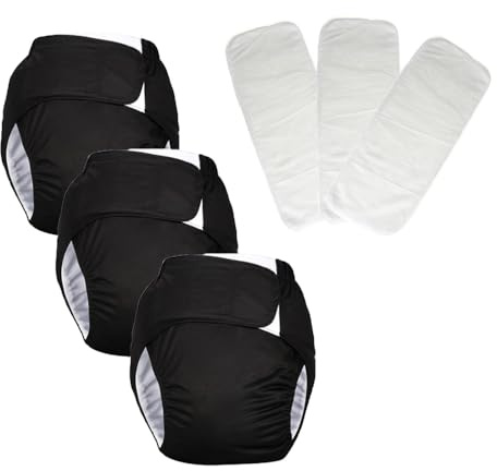 3 Pack Adult Cloth Diapers, Reusable Diaper Underwear, Washable, Elderly Care Protective Diaper, Adjustable Waist Circumference for Both Men and Women Black,XL