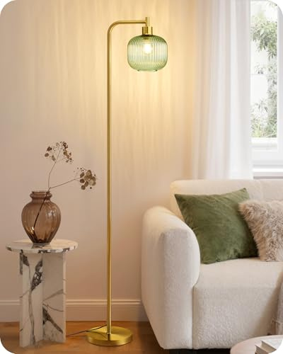 EDISHINE Lampada da Terra Soggiorno, Lampada ad Arco con Paralume in Vetro Bonbon Verde Menta e Struttura Metallica Dorata, Lampada da Lettura Moderna con LED E27 2700K, per Camera e Ufficio