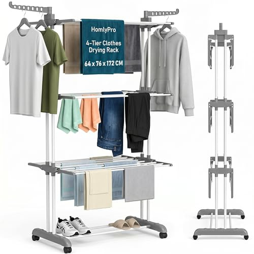 HomlyPro 4-Tier Clothes Drying Rack - 64 x 76 x 172 CM Foldable Stainless-Steel Clothes Airer with Wheels, Adjustable Wings, Space Saving Garment Hanger Stand for Indoor Outdoor Home Use (Grey)
