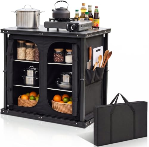 Folding Camping Table with 3 Tier Storage, Portable Kitchen Table,Black