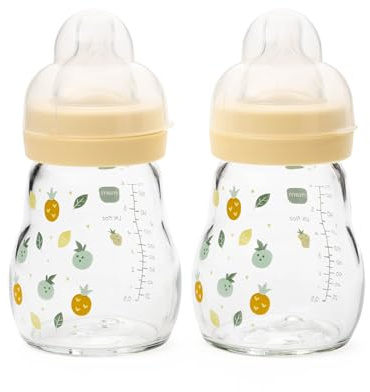 MAM Glass Bottle, 2X 170ml, with SkinSoft Silicone Teat, Yellow | Baby Milk Bottles with Medium Flow Teat Size 2, Baby Accessories for Newborn (Designs Vary)