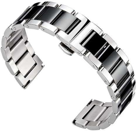BINLUN Bracelet de Montre en Acier Inoxydable Épais Bracelets de Montre en Métal Lourd Fini Brossé Mat Poli Bracelet Montre de Remplacement pour Hommes Femmes (Argent Poli et Noir,26mm)