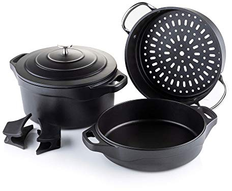 Vitinni Cast Aluminium Casserole Dish Stockpot Set - Induction Safe with Self-Basting Lid - Comes with Shallow Casserole Dish and Steamer Insert - Suitable on All Hob Types