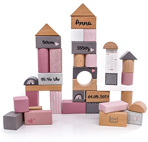 KIDSLINO Lot de 50 blocs de construction en bois rose avec boîte de rangement I Jouets en bois faits à la main à partir de 2 ans I Cadeaux personnalisés pour bébé I Jouet de motricité avec nom et