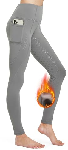 FitsT4 Sports Damen Winterreitleggings Silikon Vollbesatzreithose mit Fleecefutter mit Handytasche und Gürtelschlaufen,Grau,XL