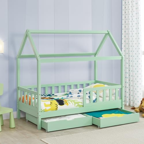 Juskys® Kinderbett Marli 80 x 160 cm mit Bettkasten 2-teilig, Rausfallschutz, Lattenrost & Dach - Massivholz Hausbett für Kinder - Bett in Mint