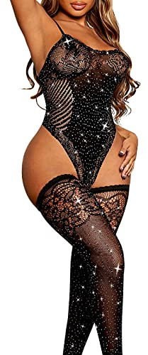 VicSec Conjunto de lencería sexy de malla para mujer, body de peluche con diamantes de imitación brillantes con medias, ropa de dormir de red, talla 36, 8, 10, 12, 14, 16, 18, Negro, Talla única