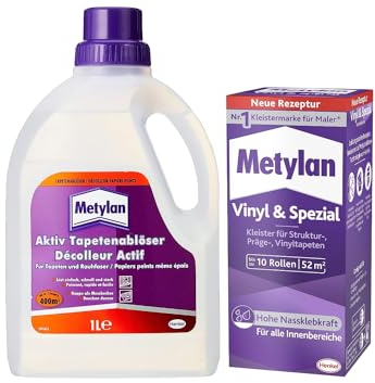 Metylan Vinyl und Spezial, Tapetenkleister mit hoher Ergiebigkeit, transparent (1x360g) & Metylan Tapetenablöser Aktiv-Konzentrat, löst schnell und problemlos (1x 1l)