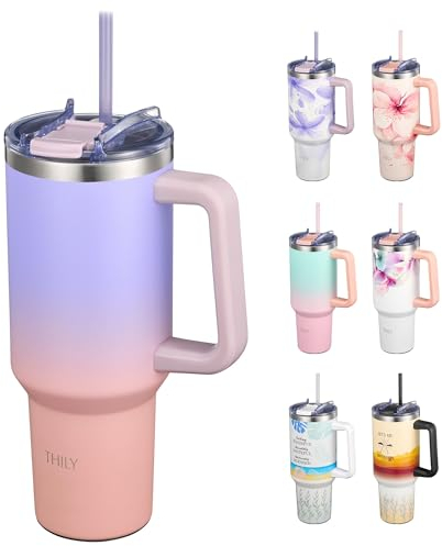 THILY Edelstahl-Isolierbecher 1180ml mit Griff – Vakuumisolierter Reisebecher, Dichtschließender Deckel, 34h Kalt & 12h Warm, Spülmaschinenfest, Inkl. 2 Strohhalmen + Bürste, Lavendel-Traum