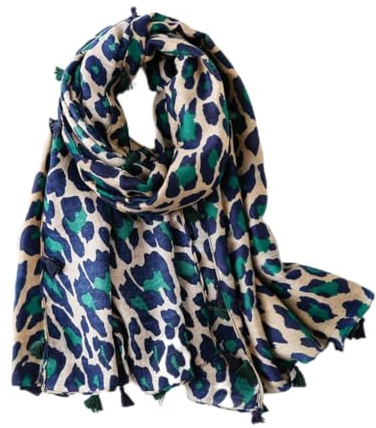 TMTGTS Écharpe pour femme - Motif léopard - 180 x 90 cm - Foulard d'hiver avec franges - Doux et tendance - Accessoire élégant - Imprimé animal, Vert 3., M
