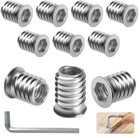 BOUMVID Tuercas Roscadas Hexagonales Insertos de Madera M6 x 15mm, 10 Piezas Tuercas de Insertar Roscados Hexagonal Remaches, Tuerca de Inserción Cabeza Plana para Muebles de Madera