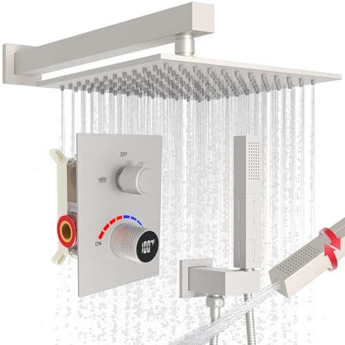 Shower Faucet Set with Hydro Power Temperature Display, Shower System 10 Inch Rain Shower with Dual Function Handheld Spray, Wall Mounted Shower Fixtures with Digital Valve, Brushed Nickel