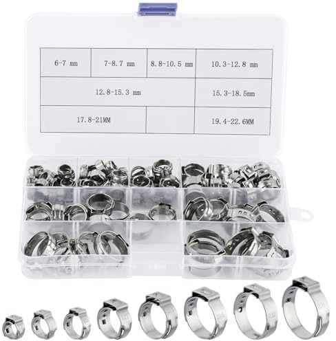 95 Stück Schlauchschellen Set, Schlauchklemme mit 8 Größen 6-22,6mm, Schlauchschellen Edelstahl, Verstellbare Ohrschellen für Wasser Rohr, Automobil-Tubing, Kühler Rohrschlauch Luftkanal