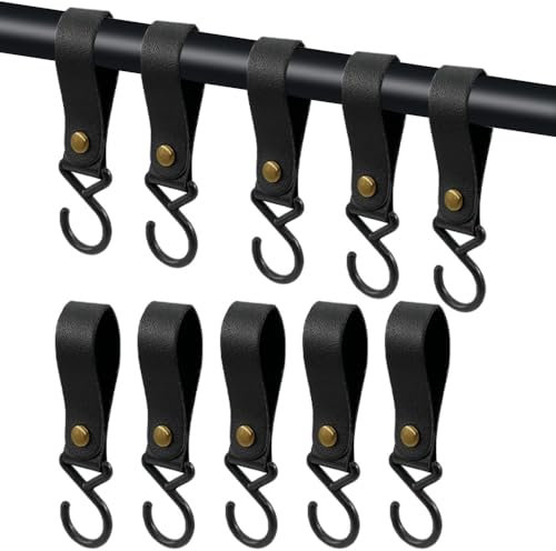 KOZOY Ganchos en S de Cuero con Correa - Multifuncionales en Metal para Camping, Colgar Ollas, Sartenes, Abrigos y Toallas