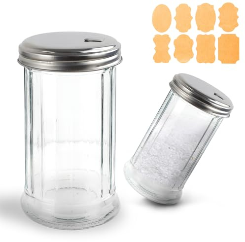 YRYUNRUI 2 stycken 350 ml sockerströare, glas sockerdispenser med rostfritt stål sida öppet lock, retrostil klar hållbar sockerskål med 1 st etikett för kaffe bar salt kryddor te peppar
