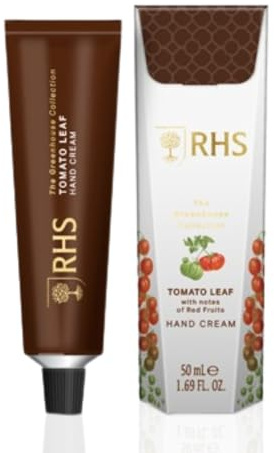 RHS Greenhouse Tomato Leaf Hand Cream, lätt närande vård med sheasmör, trädgårdsfärska tomatblad och gröna blomnoter – 50 ml