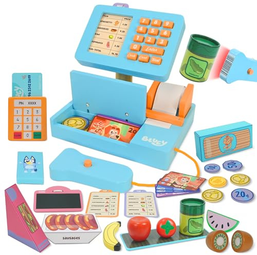 Bluey - Caisse enregistreuse sonore – Caisse de Vendeur ou vendeuse pour Enfants - 32 Accessoires avec Scanner, Argent, Accessoires Alimentaires et Carte de crédit – Coffret de Jeu interactif