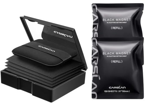 CARSLAN Makeup Blotting Paper with Powder, Black Magnet Blotting Sheet for Oily & Combination Skin, Portable Compact with Puff & Mirror, Keeps Makeup Fresh All Day, 450 Sheets + 8 Refill Adhesive Pads