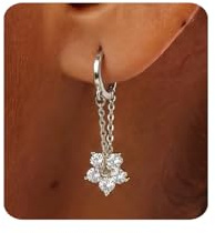 MUMREUES Boucles d'Oreilles Femme Pendantes Fleur 14K Boucles d'Oreilles | Boucles d'Oreilles Femme Or Chaîne,Cercles pour Femme Zircon,Pendentif Boucle d'Oreille Bijoux Cadeau pour Femme