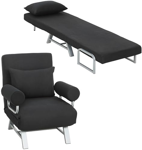 HOMCOM - Sillón calefactor, sofá cama, convertible reclinable, 1 plaza Grand Confort Cojín lumbar, reposabrazos de metal, color negro