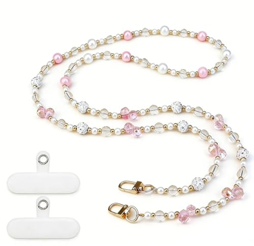 Satiskid Collana per cellulare con perle colorate, lunghe, universale, da appendere, 129 cm, con 2 cuscinetti a forma di T, cordino rimovibile per tutti gli smartphone, con perle glitterate, catena