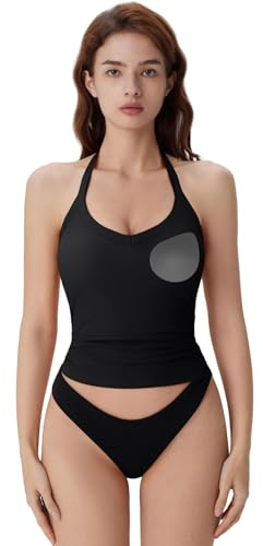 SUUKSESS Women Halter Tank Top with Built in Bra Cotton Ribbed V Neck Fitted Basic Going Out Summer Tops (Black,S)