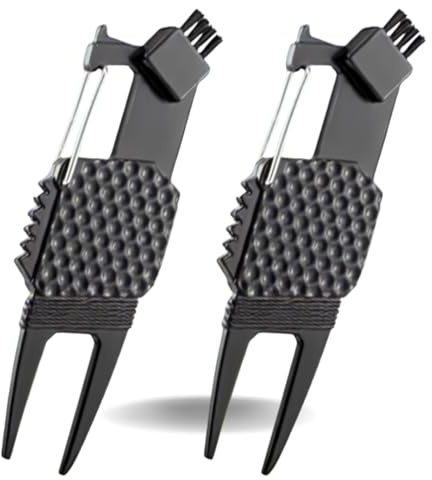GFOXX PF-Golf - Set di 2 forchette da pitch multifunzionali con marcatore magnetico per palline, spazzola e apribottiglie integrati, in lega di zinco, nero, 9,3 cm