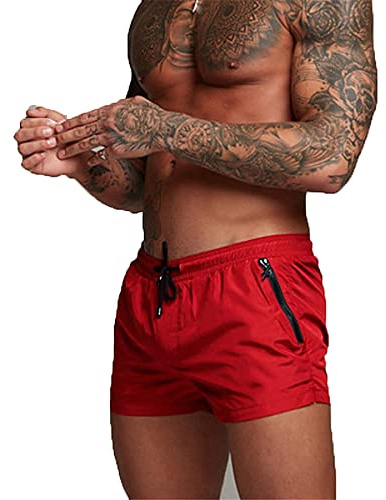 TMEOG Badehose für Herren Schnelltrocknend Badeshorts Kurz Herren Badehose Männer Schwimmhose Boxer Kurze Hose Schwimmshorts mit Reissverschluss(Knallrot, L)
